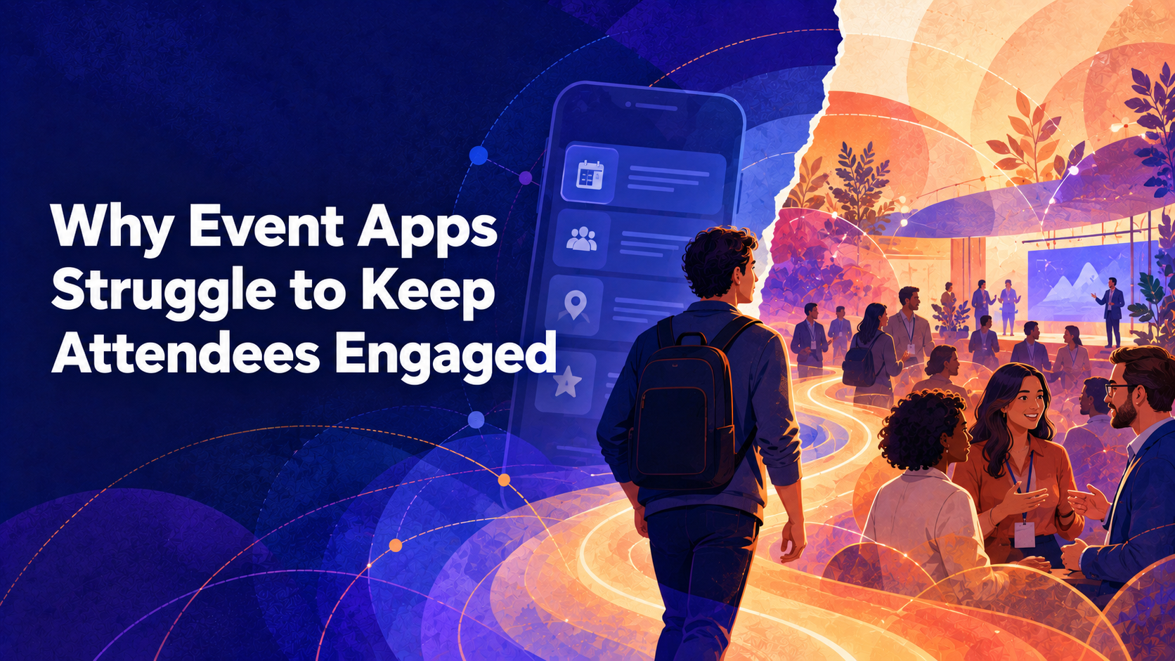 Illustration of an event attendee moving from a mobile event app into a lively conference where attendees connect and have conversations.