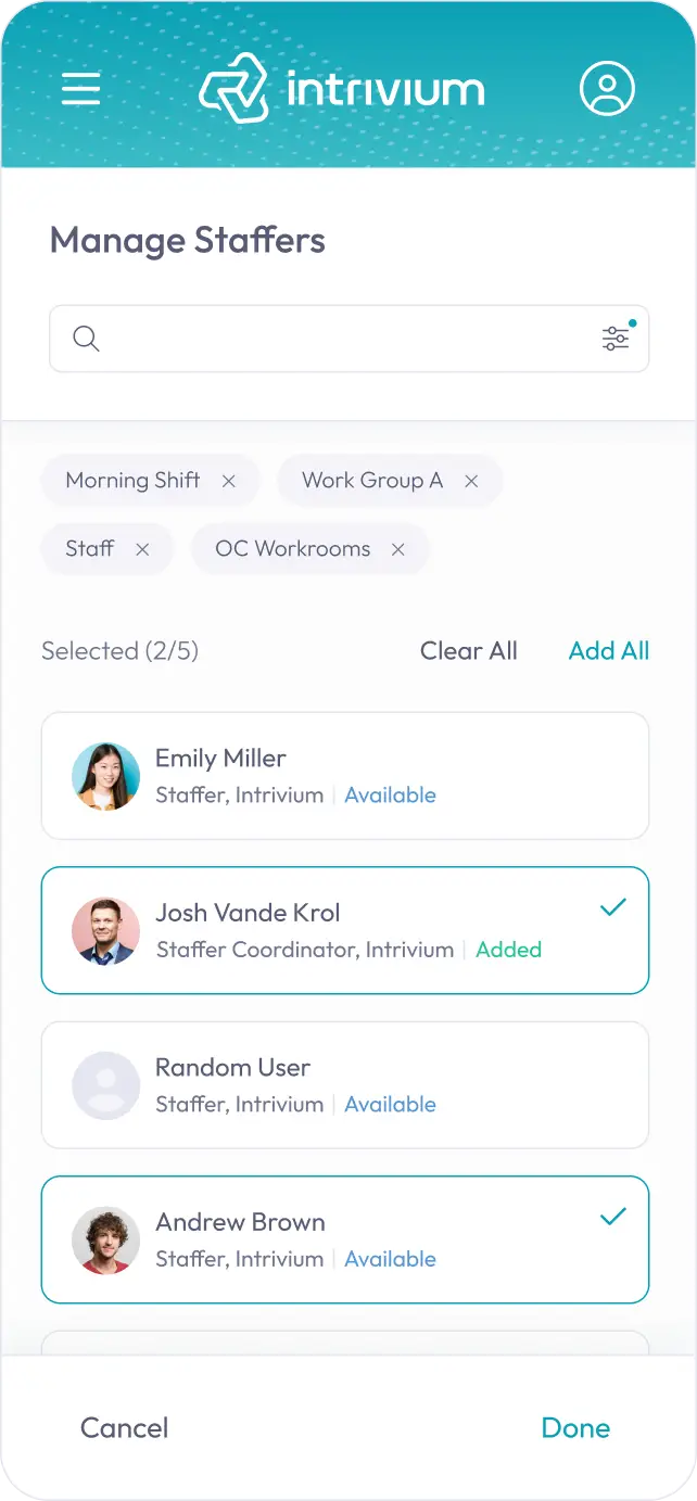 Application mockup showing Staffer Management