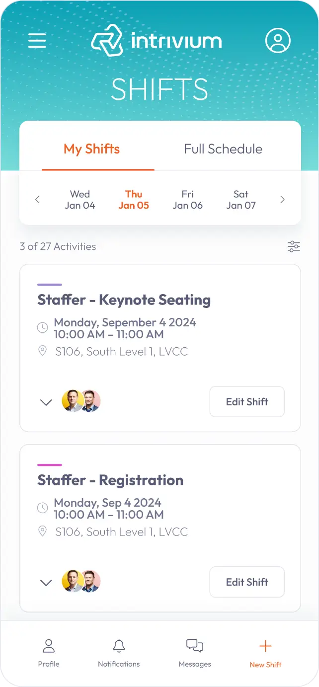 Application mockup showing Shifts